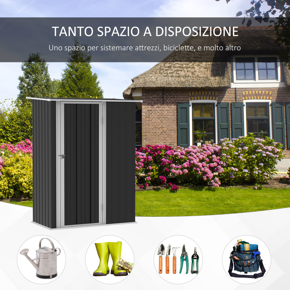 Garden Storage Shed, Sloped Roof, Lockable Door Grey, 142 x 84 x 189cm