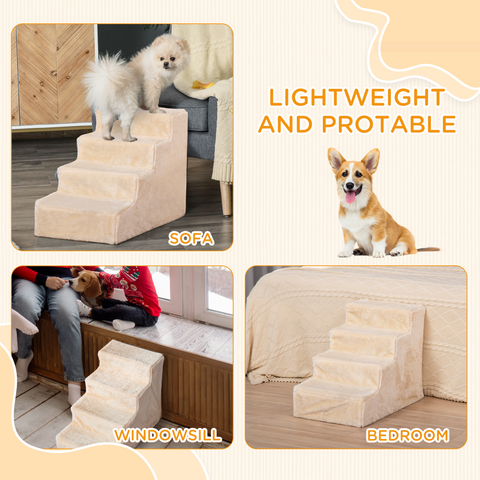 Portable Dog Stairs with Washable Plush Cover, for High Bed Sofa - Beige