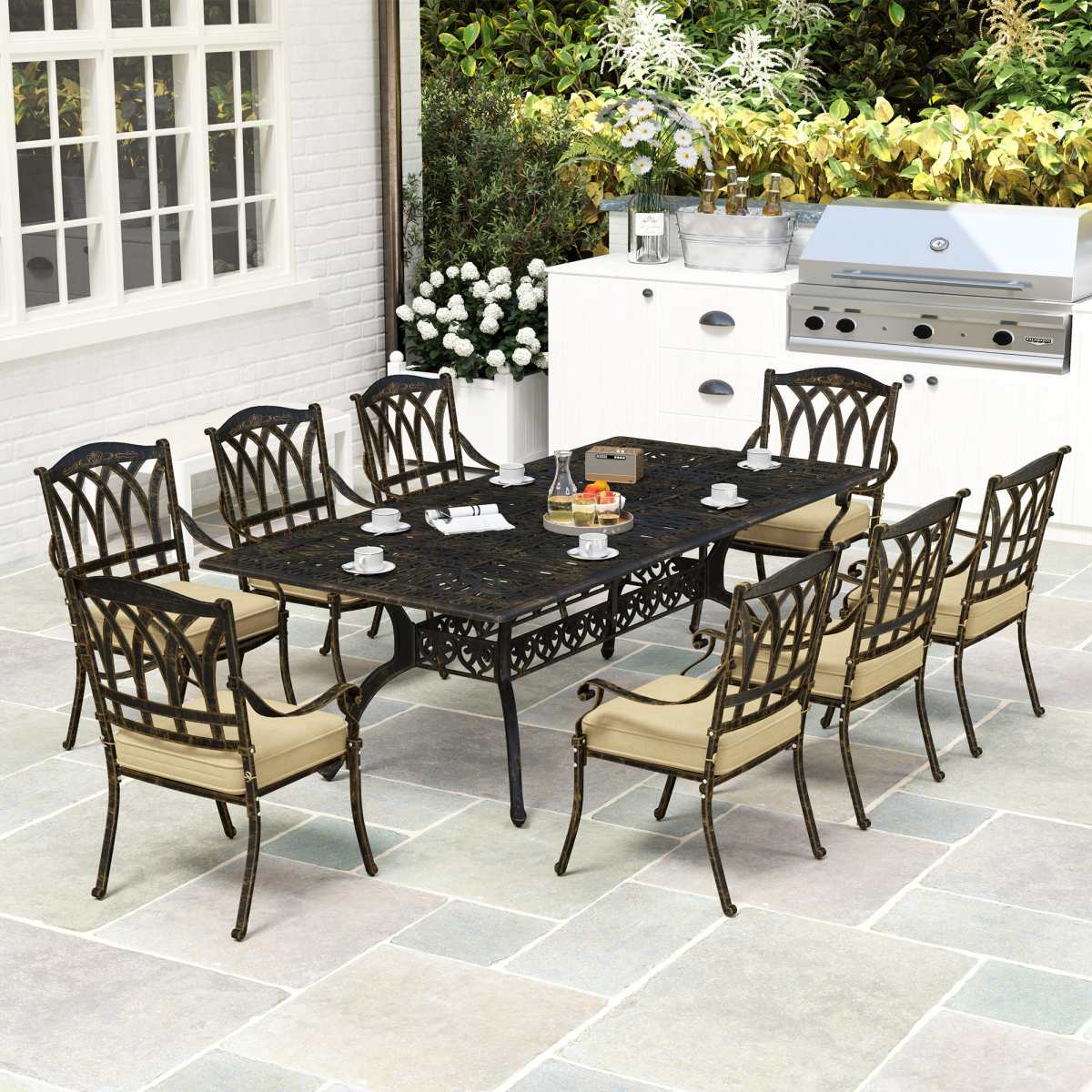 Elegant Nine-Piece Dining Set with Cushions & Parasol Hole for Outdoor Use