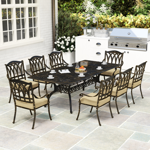 Elegant Nine-Piece Dining Set with Cushions & Parasol Hole for Outdoor Use