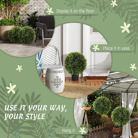 HOMCOM Set of 2 Artificial Plant Topiary Balls, Faux Plants for Decor, Green