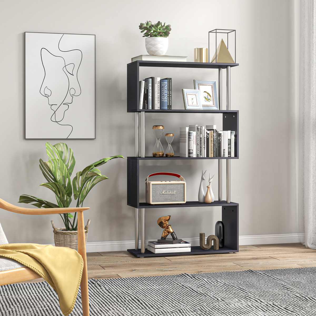 Wooden S Shape Storage Unit Bookshelf Lounge Display Room Divider-Black