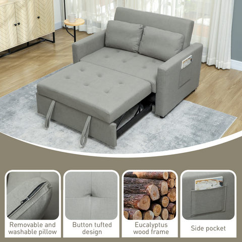 HOMCOM 2 Seater Sofa Bed Convertible Bed Settee with Cushions, Pockets, Grey