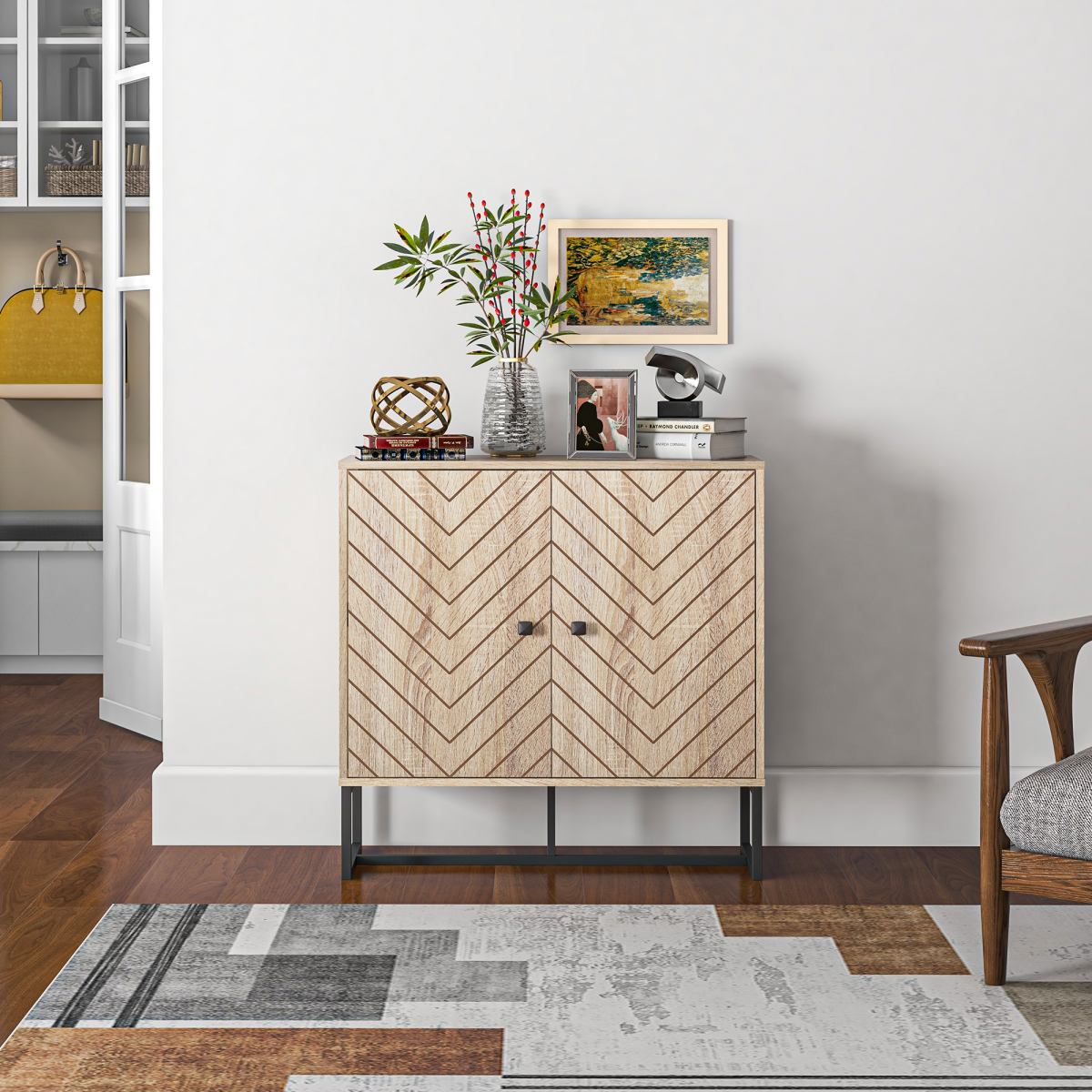 Embossed Arrow Storage Cabinet w/ Adjustable Shelf Metal Frame Handles Stylish