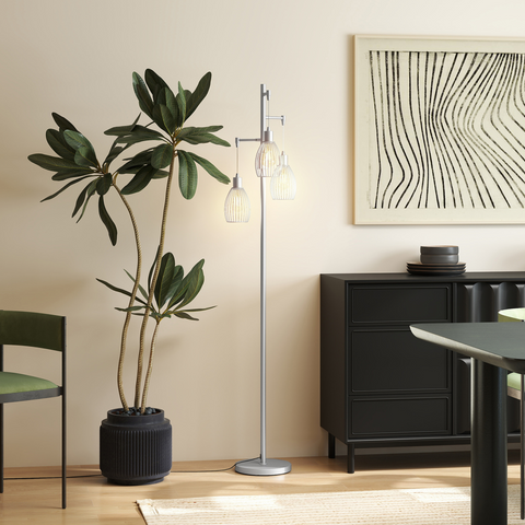 HOMCOM Industrial 3-Light Floor Lamp Dimmable Standing Lamp, Silver Tone
