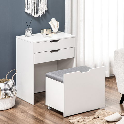 Dressing Table Set w/ Flip-up Mirror & Stool, Drawer and Compartments, White