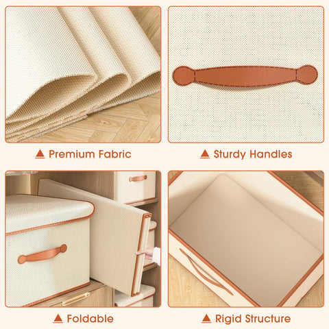 flaxarne Storage Box with Lid,Decorative Storage Boxes with Lids with PU Leather Handle,3-Pack Fabric Organiser Box for Closet Bedroom Office,37 * 25