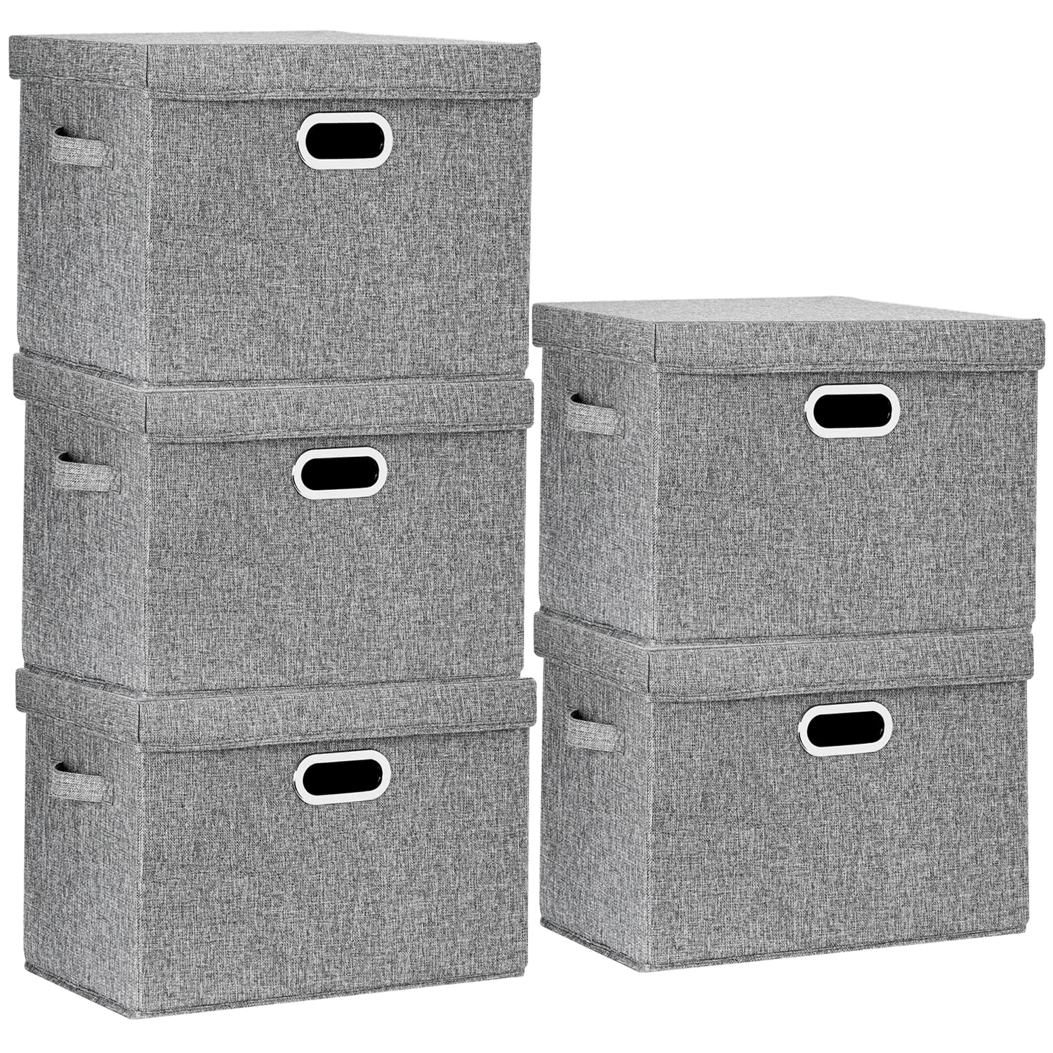 TYEERS Large Storage Box with Lid, Collapsible, Washable, Fabric Storage Box for Clothes, Wardrobe Storage, 44x30x29 cm, Set of 5, Grey