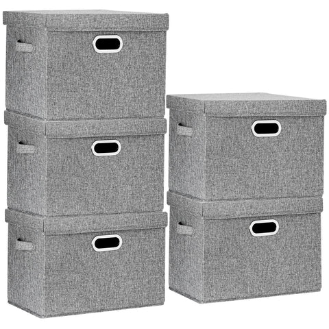 TYEERS Large Storage Box with Lid, Collapsible, Washable, Fabric Storage Box for Clothes, Wardrobe Storage, 44x30x29 cm, Set of 5, Grey