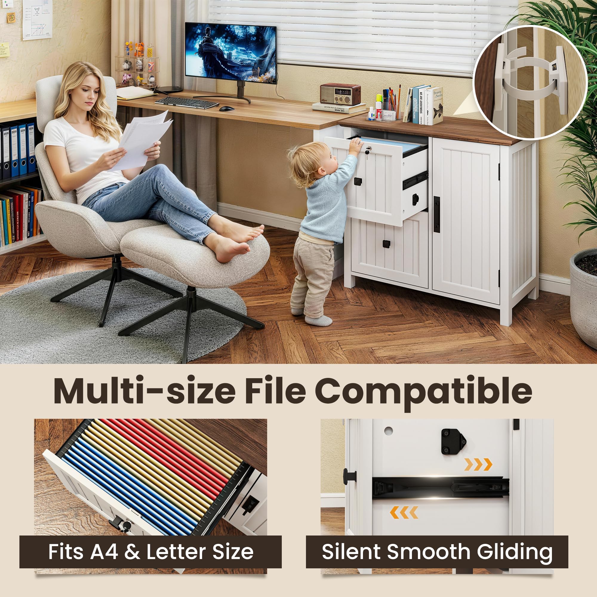 Pamapic File Cabinet, Wooden Filing Cabinet with 2 Lockable Drawers, Under Desk drawers for Letter/A4 Size