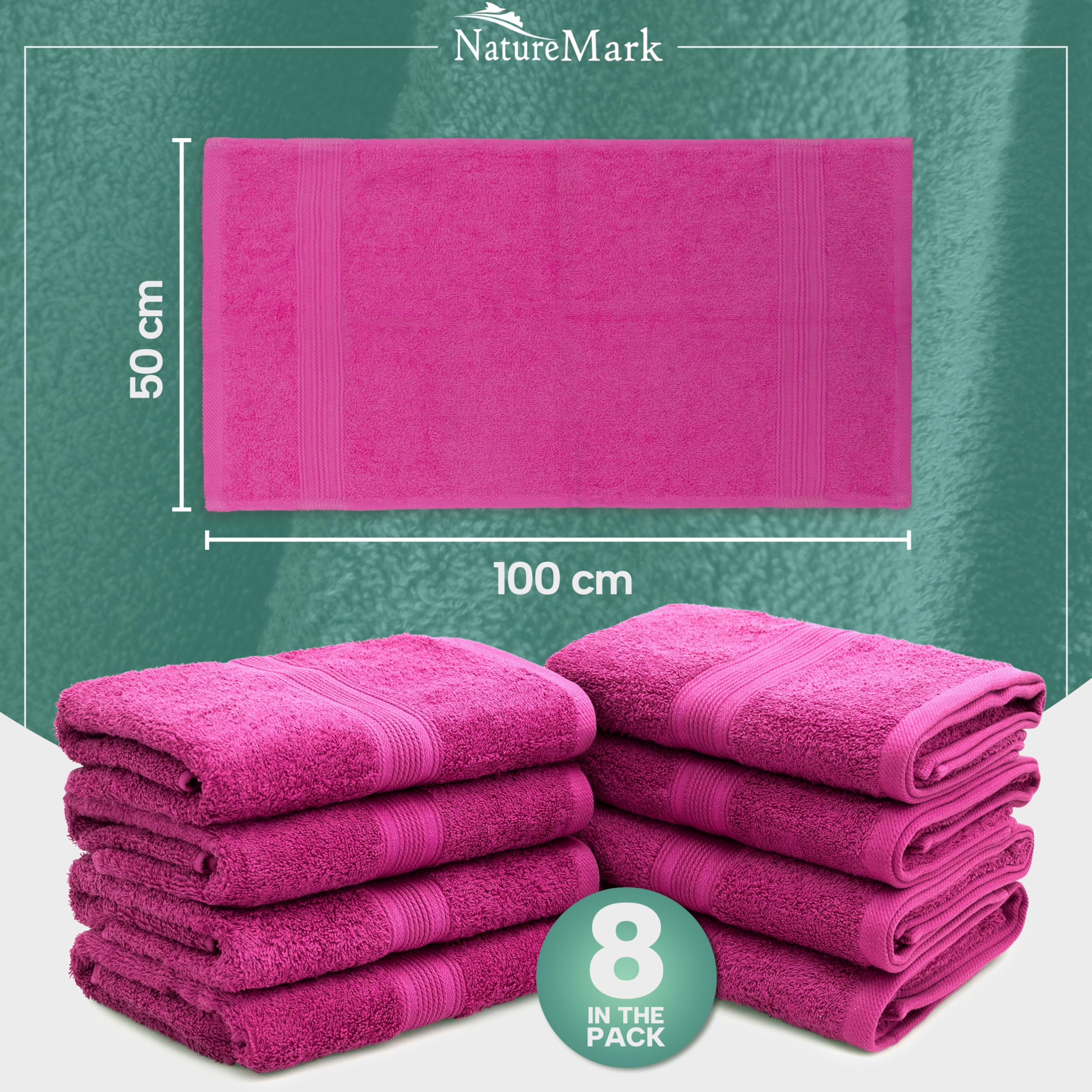 NatureMark 8 Hand Towels Set - 100% Cotton - Soft and Absorbent Bathroom Towels, Durable and Comfortable, Size 50 x 100 cm, Pink