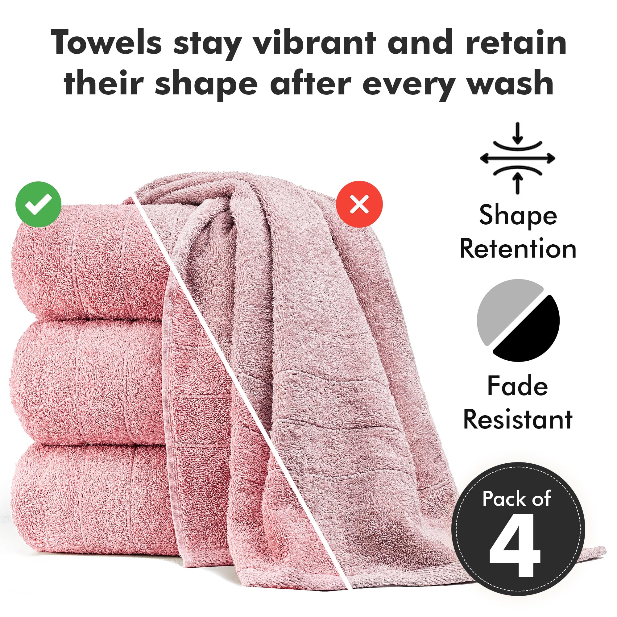 Novo Home Bath Towels Set of 4 – 550 GSM 100% Cotton Baby Pink Extra Large Towels for Bathroom, Spa Use (70x140 cm)