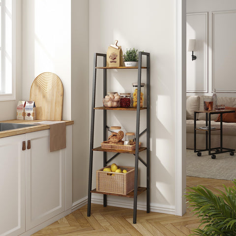 Hoctieon 4-Tier Industrial Ladder Bookshelf, Narrow Ladder Shelf, Tall Standing Bookshelf, Skinny Open Ladder Shelf, for Living Room, Home Office