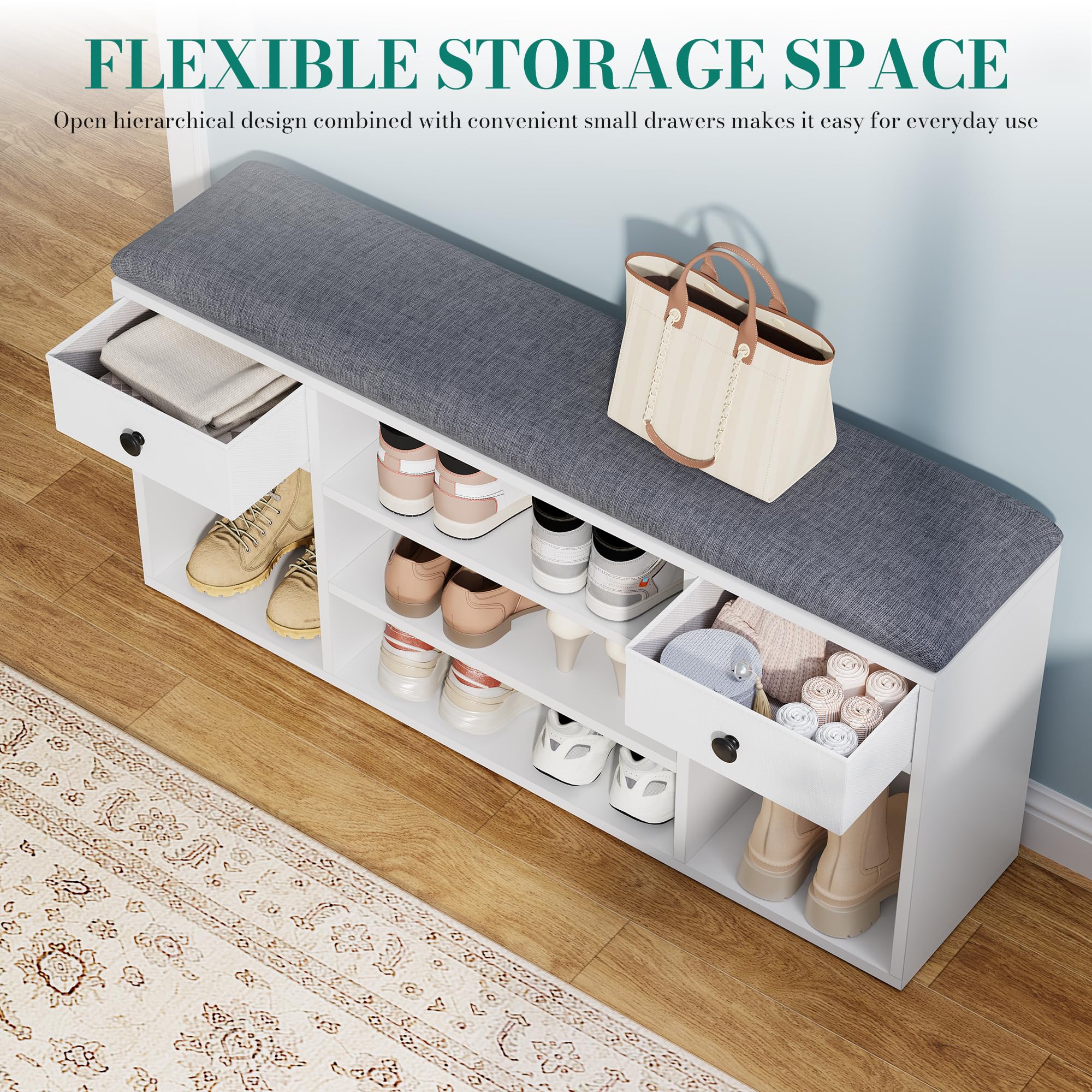 YITAHOME Shoe Bench with Padded Seat, 2 Drawers, 105cm, White and Grey