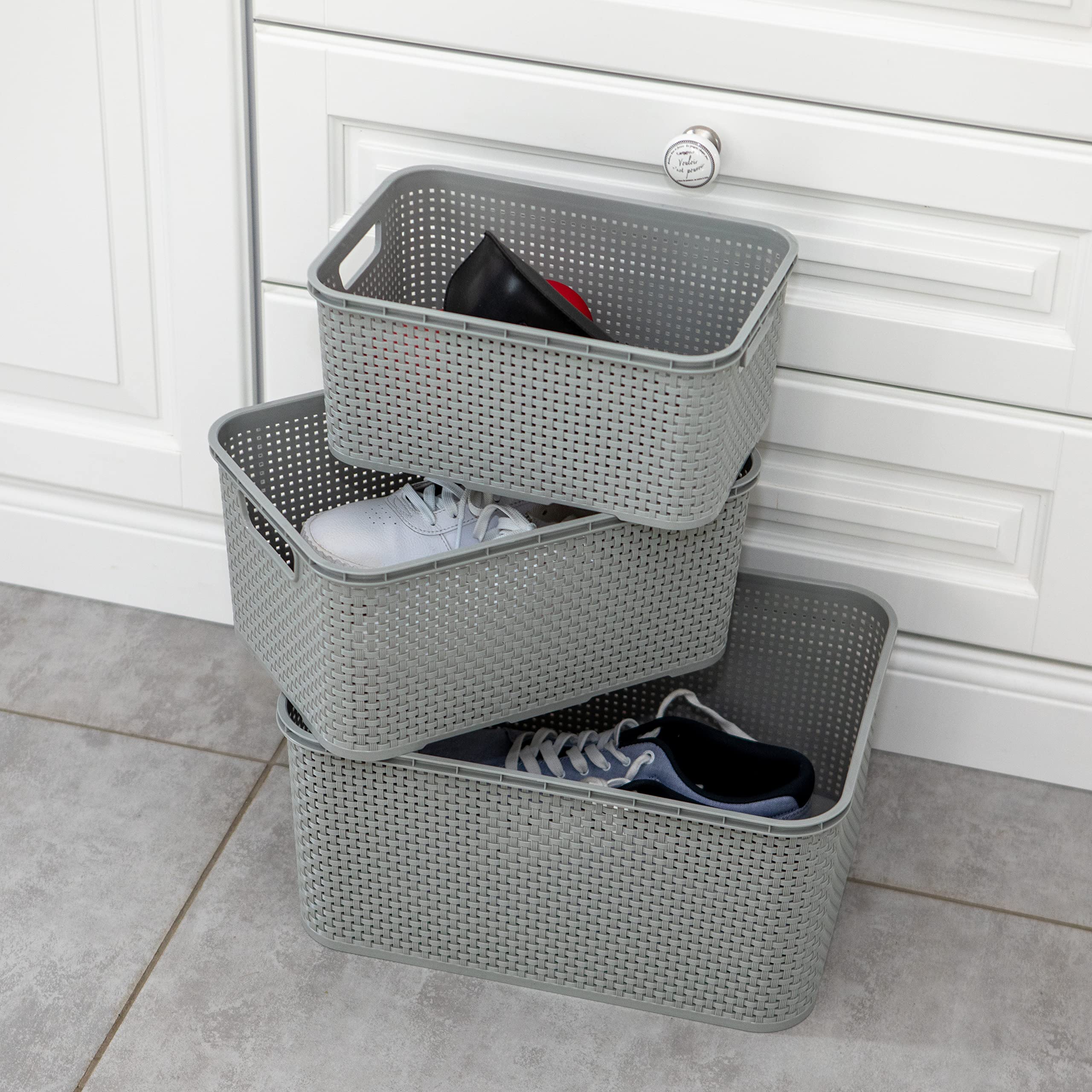 BranQ - Home essential Basket in Rattan Design Set of 3 Large 19 L BPA- Plastic PP Light Grey 38 x 27.8 x 18.5 cm