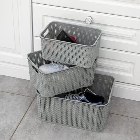 BranQ - Home essential Basket in Rattan Design Set of 3 Large 19 L BPA- Plastic PP Light Grey 38 x 27.8 x 18.5 cm