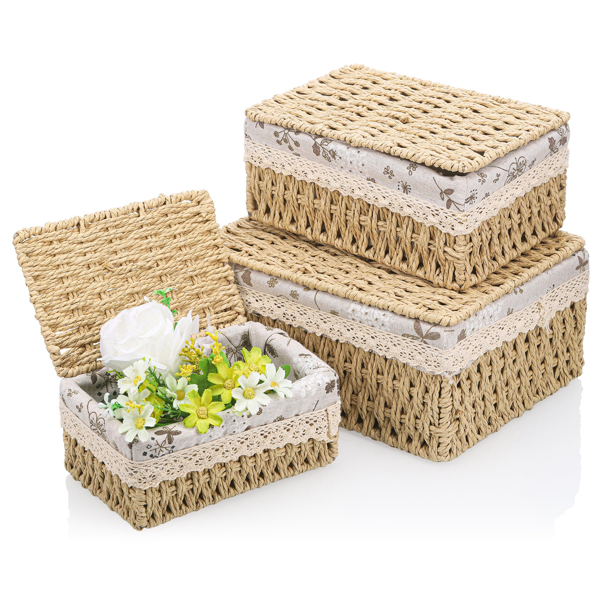 3pcs Woven Storage Baskets with Lids, Decorative Storage Boxes, Space-Saving Wicker Basket for Shelves, Paper Rope Basket Bedroom Storage Solutions