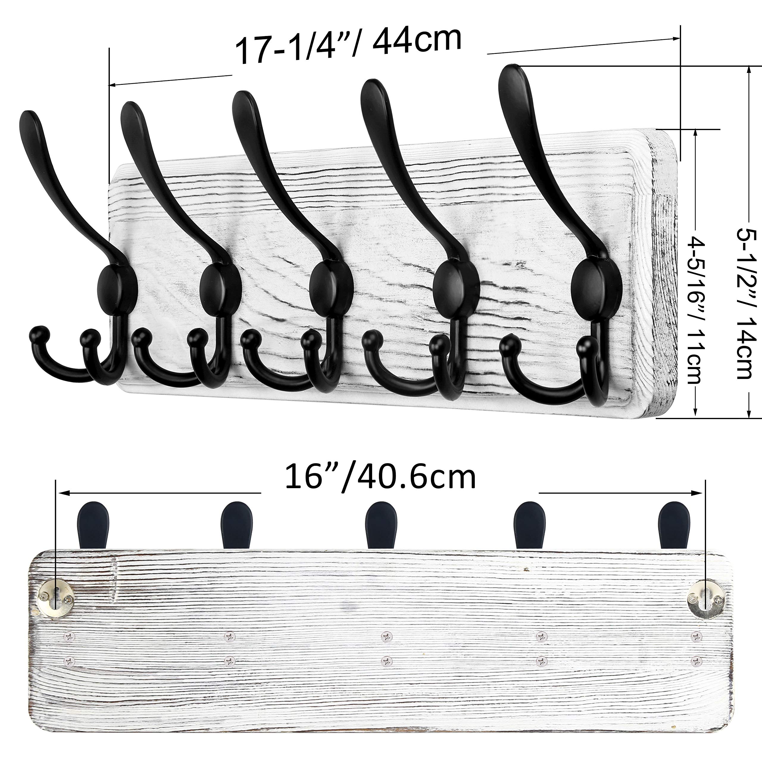 SKOLOO Coat Rack Wall Mounted - Pack of 2, Wooden, Heavy Duty, Rustic Coat Hooks for Wall, Wall Coat Rack with 5 Triple Hooks for Hanging Clothes