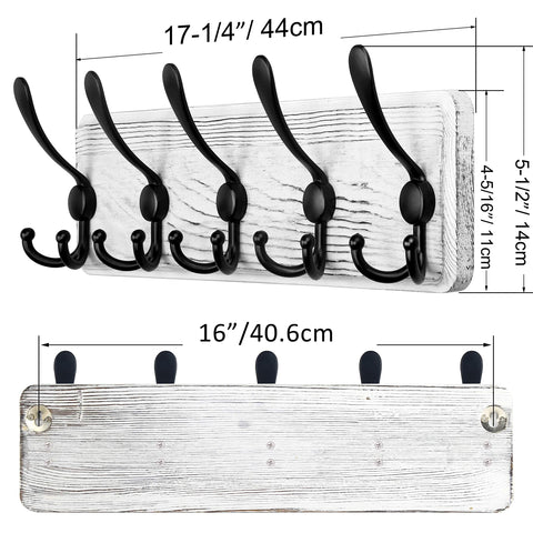 SKOLOO Coat Rack Wall Mounted - Pack of 2, Wooden, Heavy Duty, Rustic Coat Hooks for Wall, Wall Coat Rack with 5 Triple Hooks for Hanging Clothes