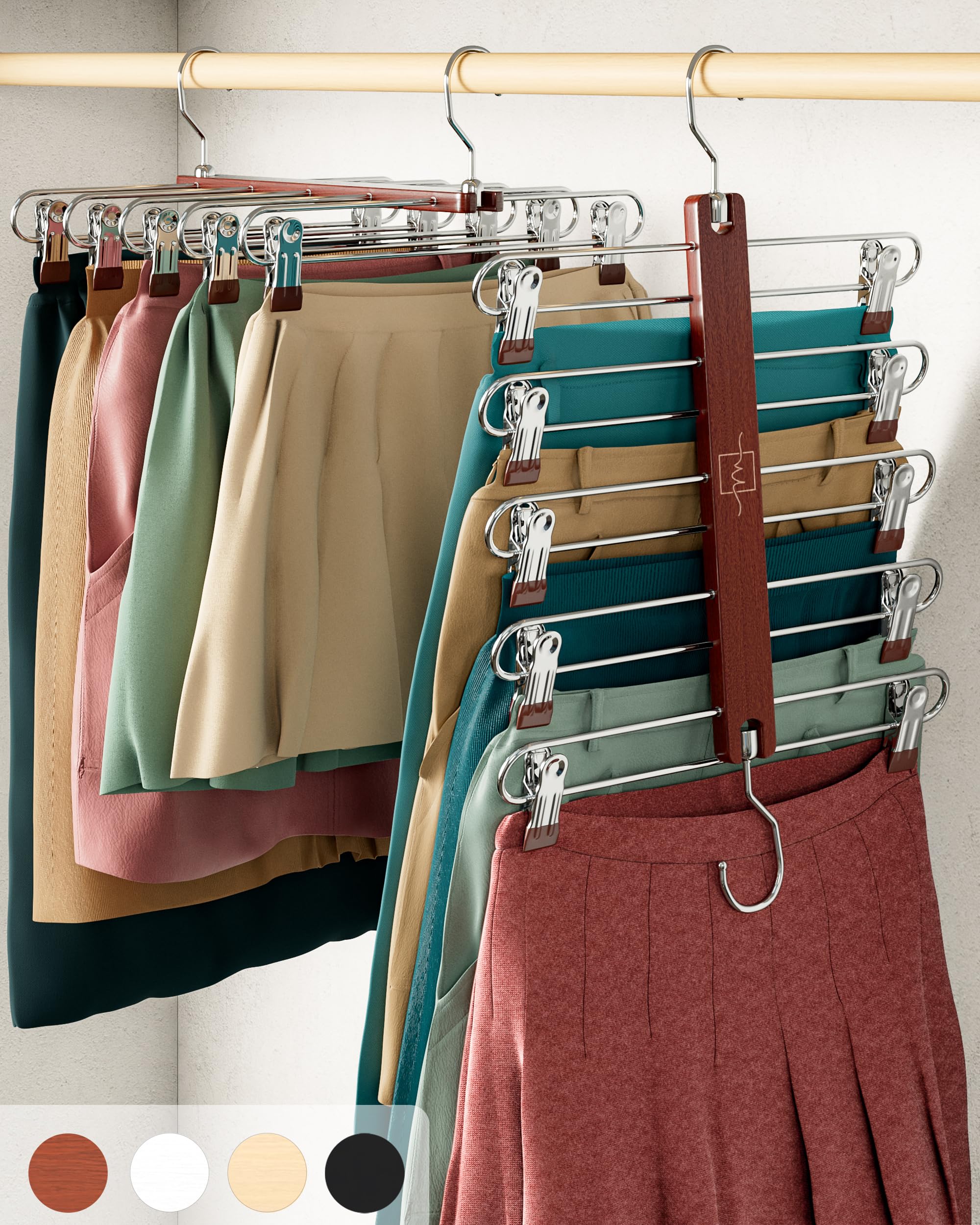 MORALVE Skirt Hangers Space Saving with Clips - 2 Pack - European Beechwood 5-Tier Hanger for Shorts, Skirts, and Trousers