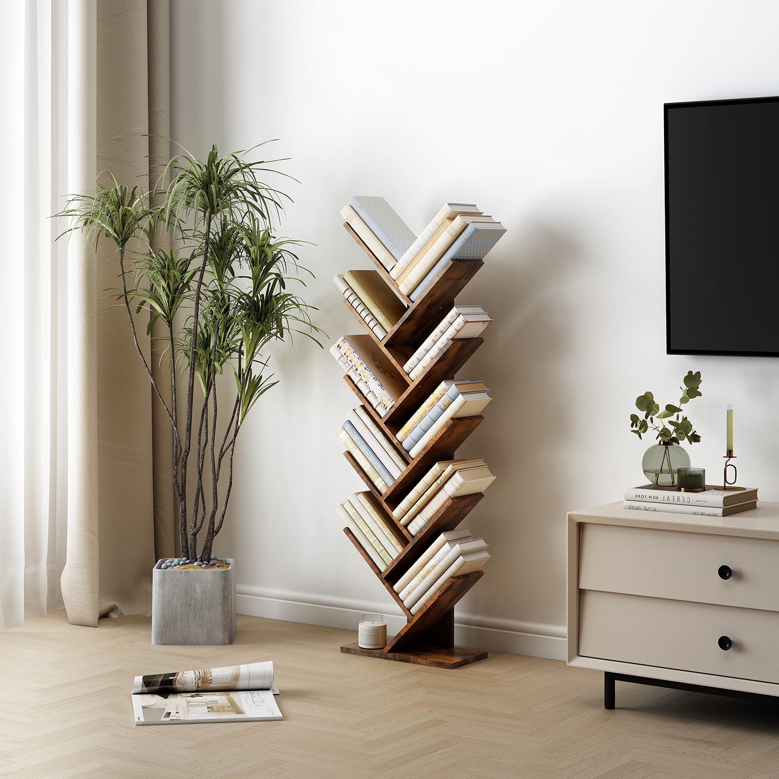 Hoctieon 10 Tier Tree Bookshelf, 10 Shelf Bookcase, Free Standing Tree Bookcase, Display Floor Standing Shelf for Books