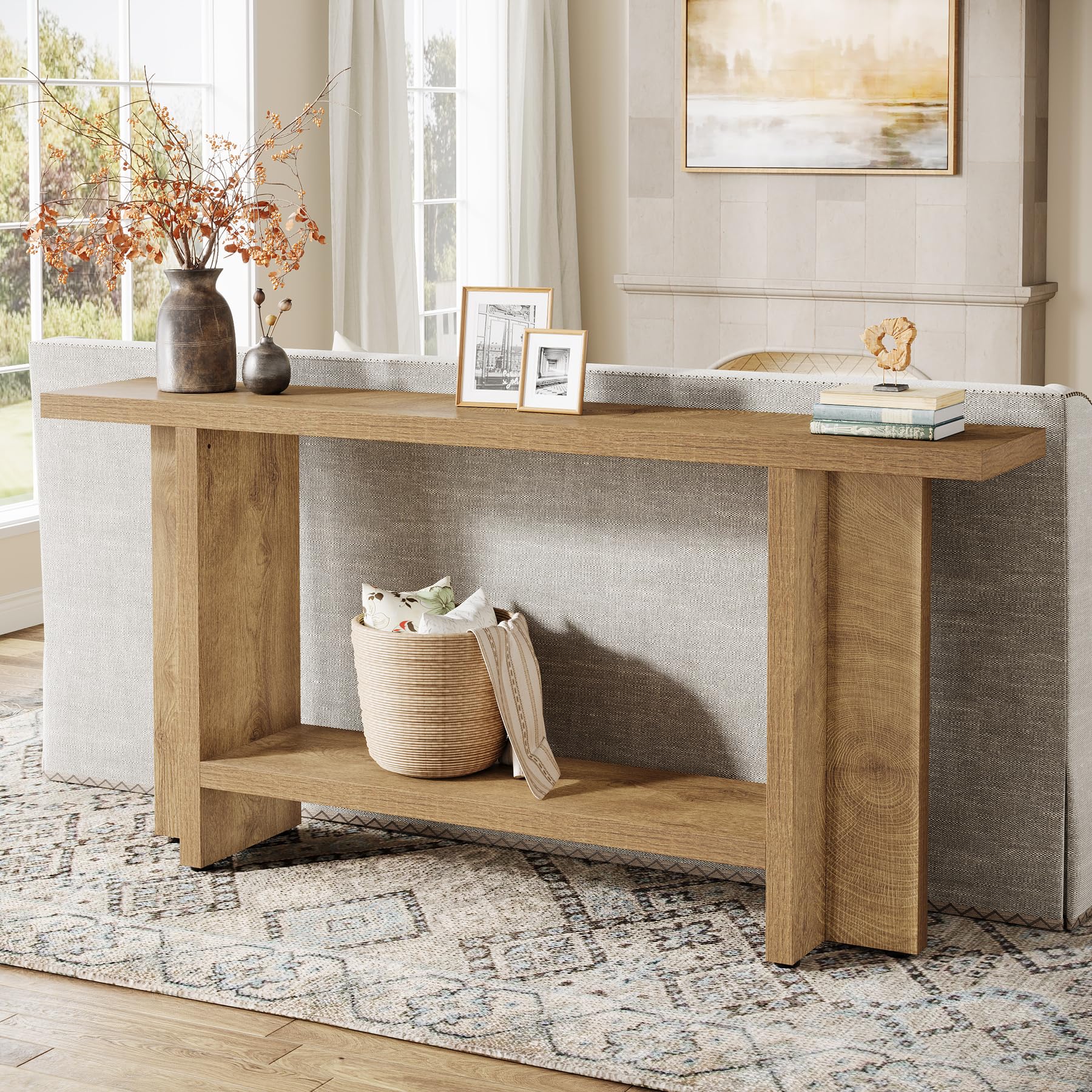 Tribesigns 150 cm Console Table, Light Wooden Hallway Table with 2-Tiers, Behind Couch Sofa Table for Entryway & Living Room