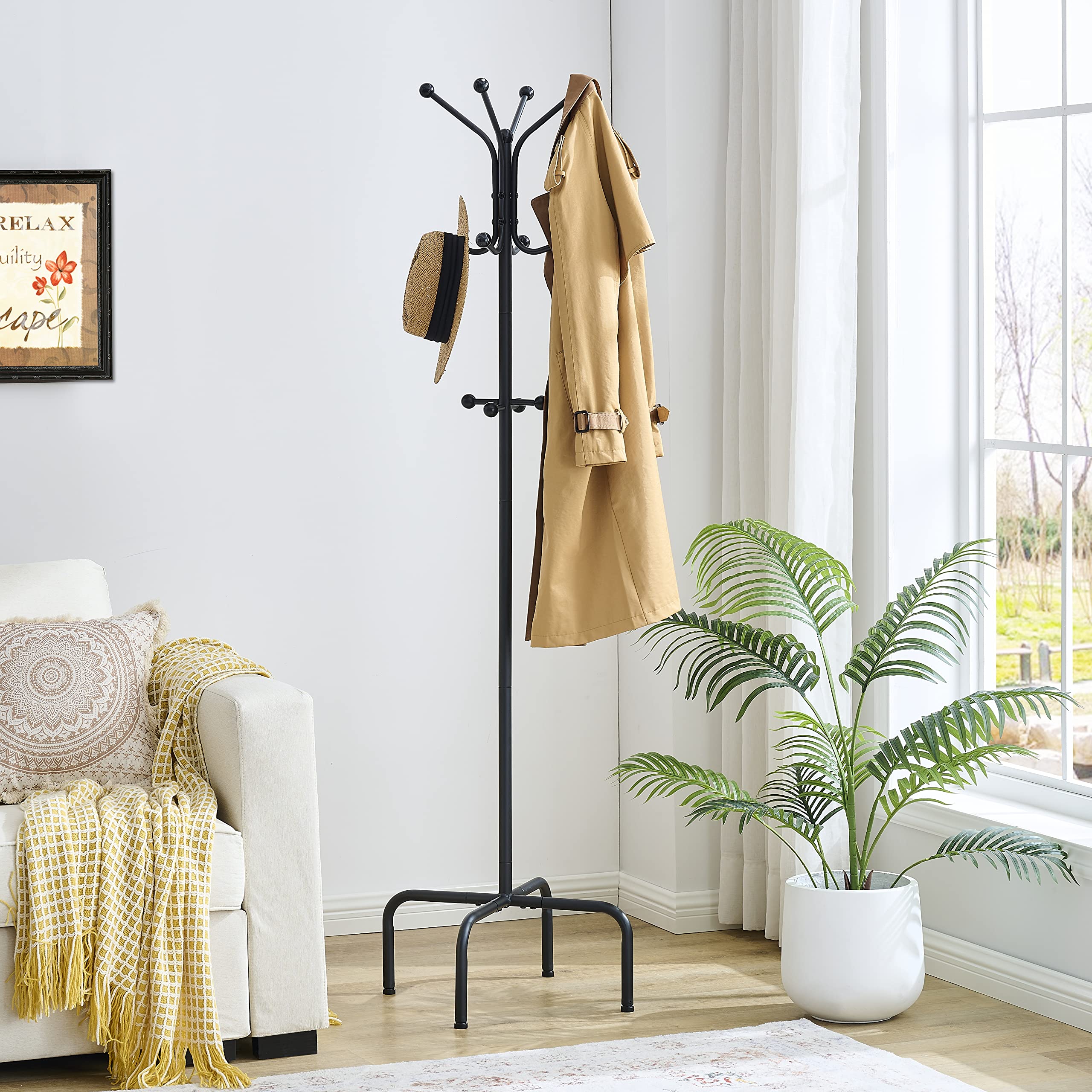 Hoctieon Entryway Coat Rack Freestanding With 12 Hooks, Metal Coat Tree Stand, Heavy Duty Floor Standing Hanger, Black