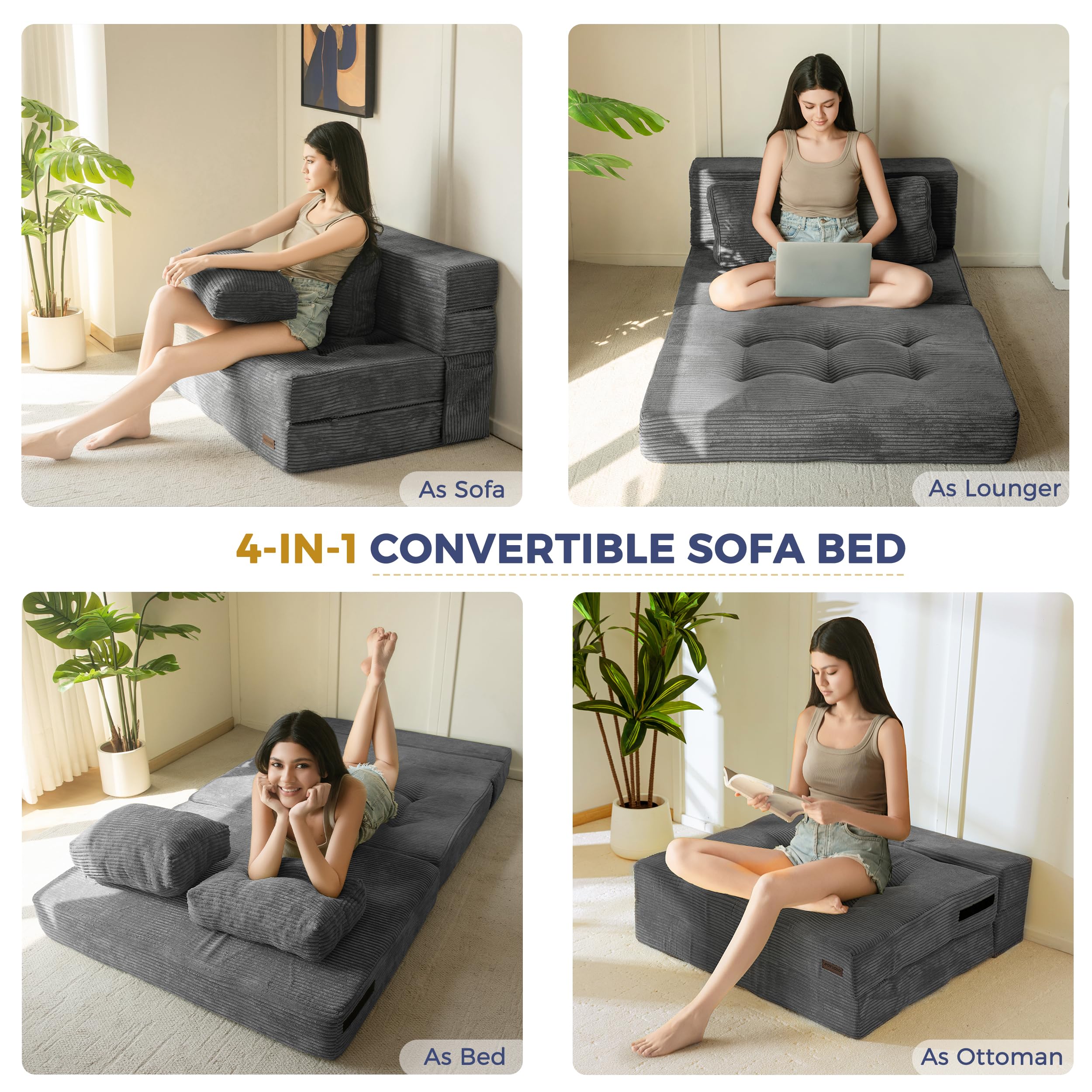 MAXYOYO Folding Foam Sofa Bed, Tri-Fold Mattress with 2 Pillows, Convertible Sofa Chair Futon Z Bed with 15cm Thincken Foam