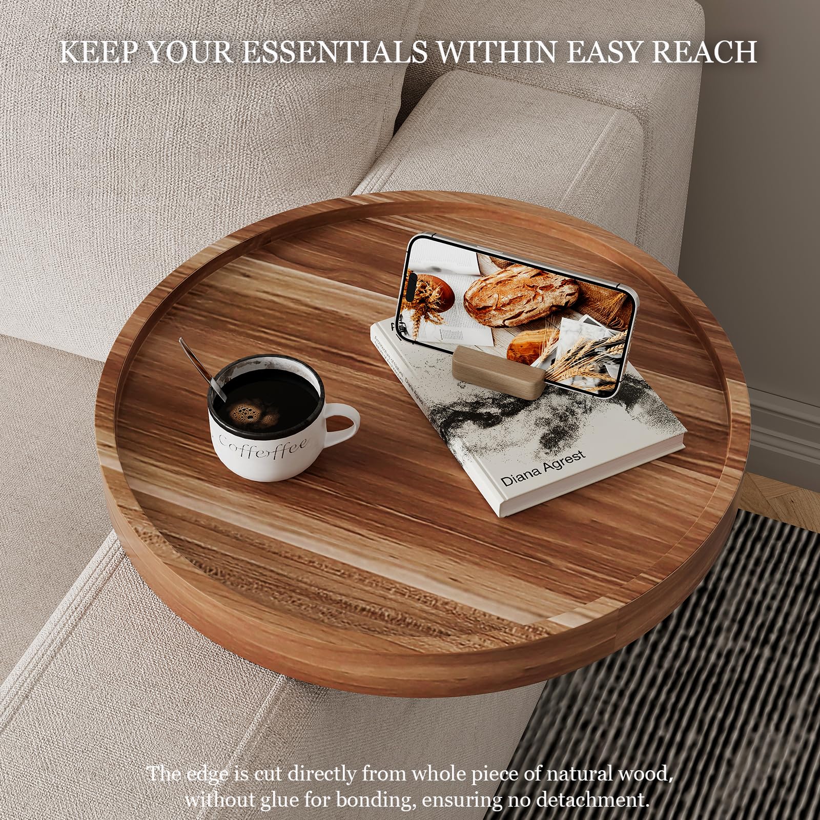 Semjar Acacia Wood Sofa Arm Table,Adjustable Round Couch Armrest Tray,Wooden Chair Arm Table Sofa Arm Tray for Wide Thin Couches Arm,Arm Trays