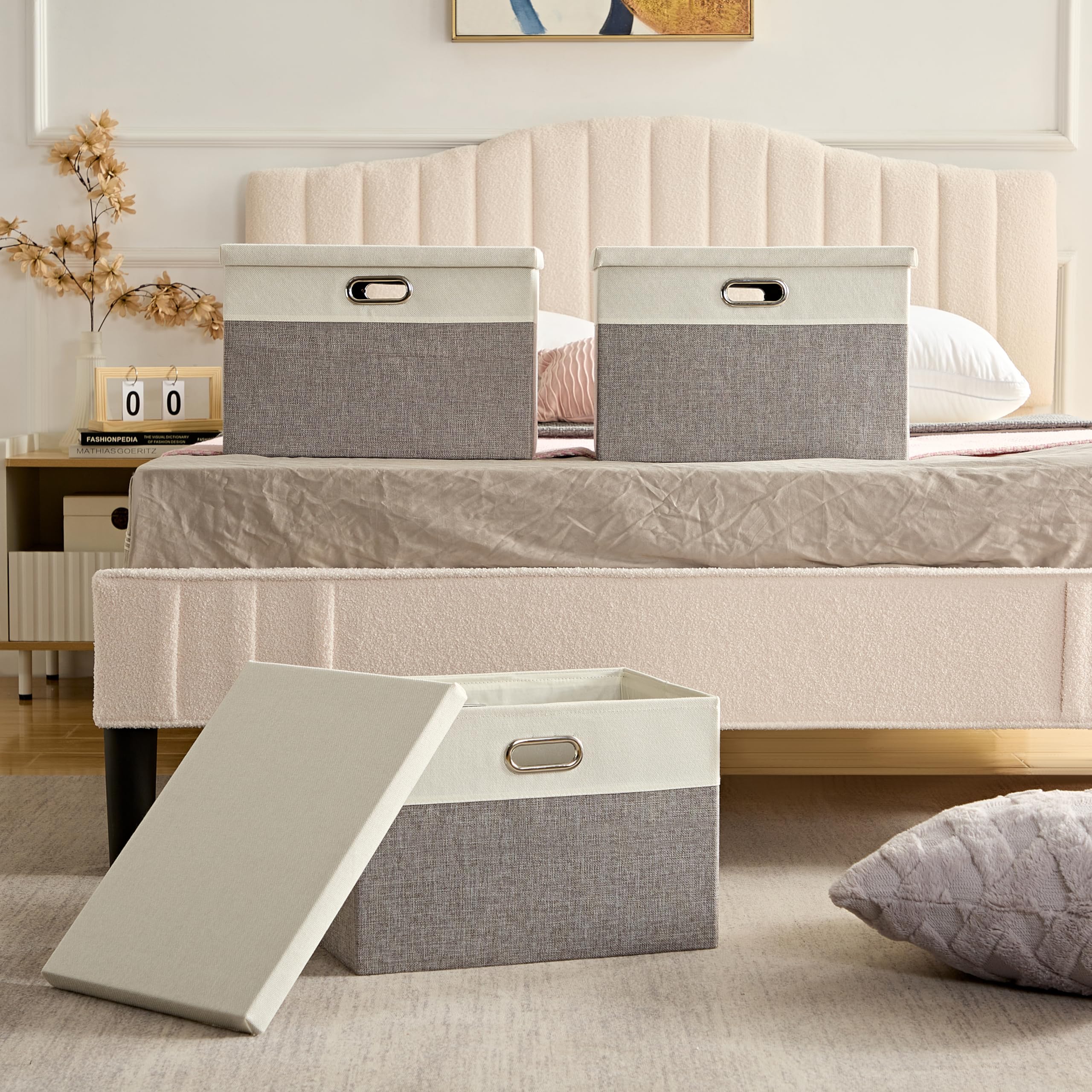 AlphaHome Storage Boxes with Lids, Glaucous Grey and White(2 Pack, Large)