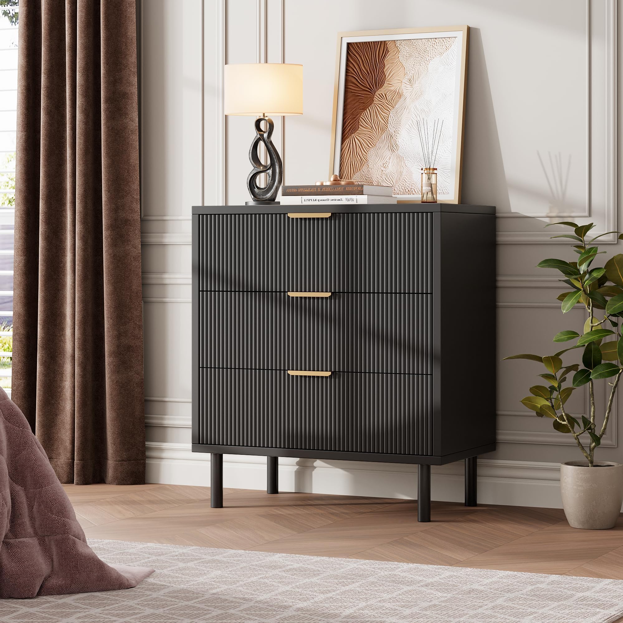 Chest of Drawers, Fluted Dresser for Bedroom with 3 Drawers, Metal Legs & Handles