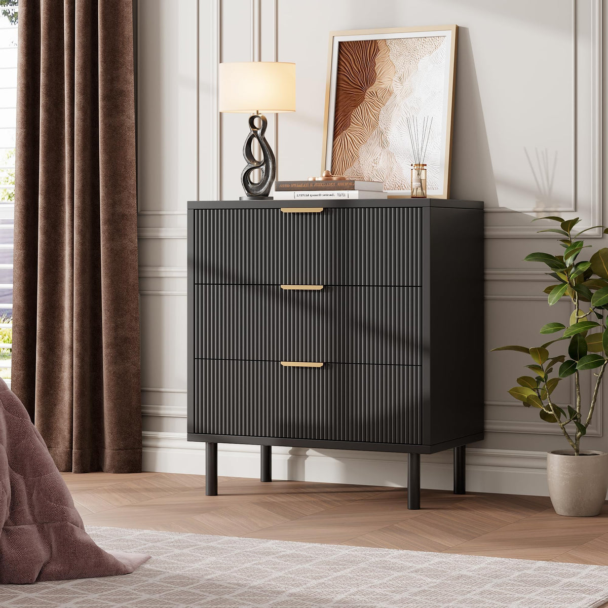 Chest of Drawers, Fluted Dresser for Bedroom with 3 Drawers, Metal Legs & Handles