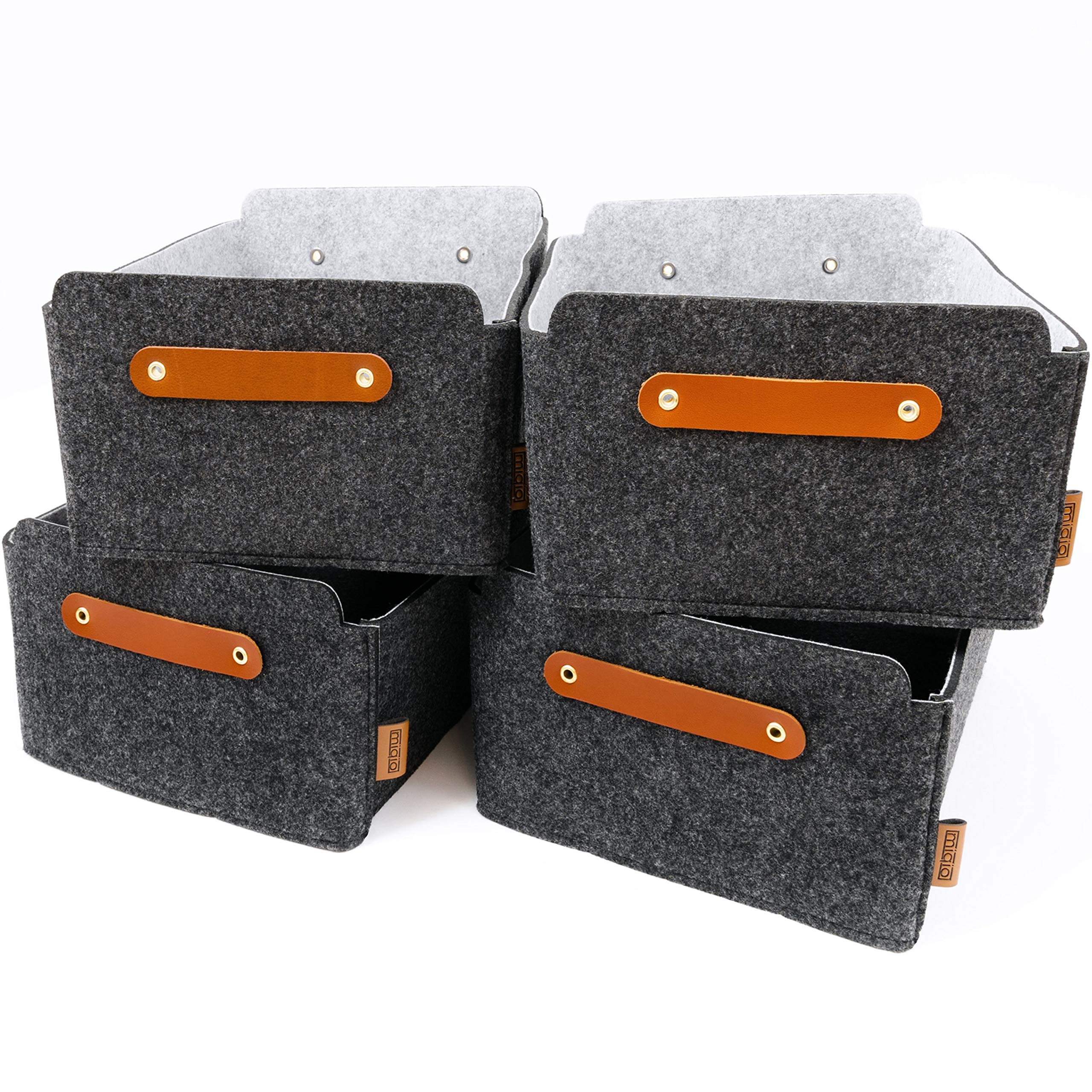 MIQIO® Design Felt Storage Box, Set of 4, with leather handle, 12x10x6 inch, Storage Baskets, Folding Box, Organiser Boxes, Dark Grey