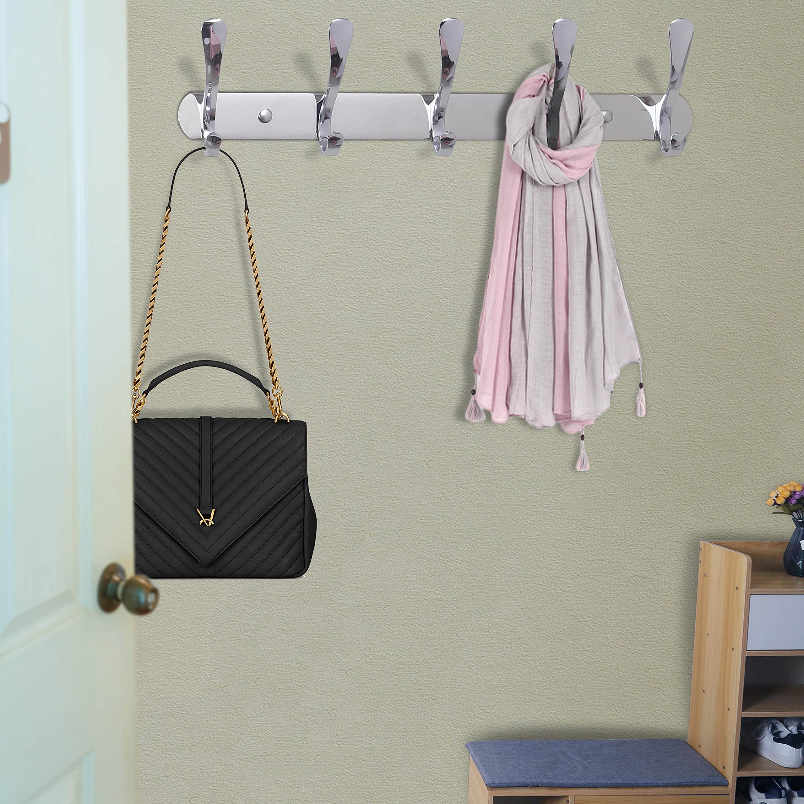 SKOLOO - Wall Mounted Coat Rack with 5 Hooks, Metal Wall Mounted Coat Hanger for Coat Jacket Backpack Coat Silver Hooks Perfect for Entryway, Kitchen