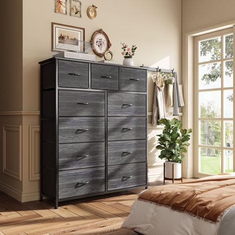 Flrrtenv Chest of Drawer with 11 Drawers, Modern Bedroom Cabinte, Fabric Drawers with Wooden Top, Sturdy Metal Frame, Tall Black Hallway Storage Unit