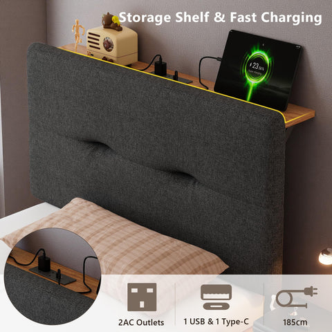 Feonase 3ft Single Bed Frame with Storage Linen Headboard, Upholstered Single beds with Charging Station, Sturdy Wooden Slat Support, Easy Assembly