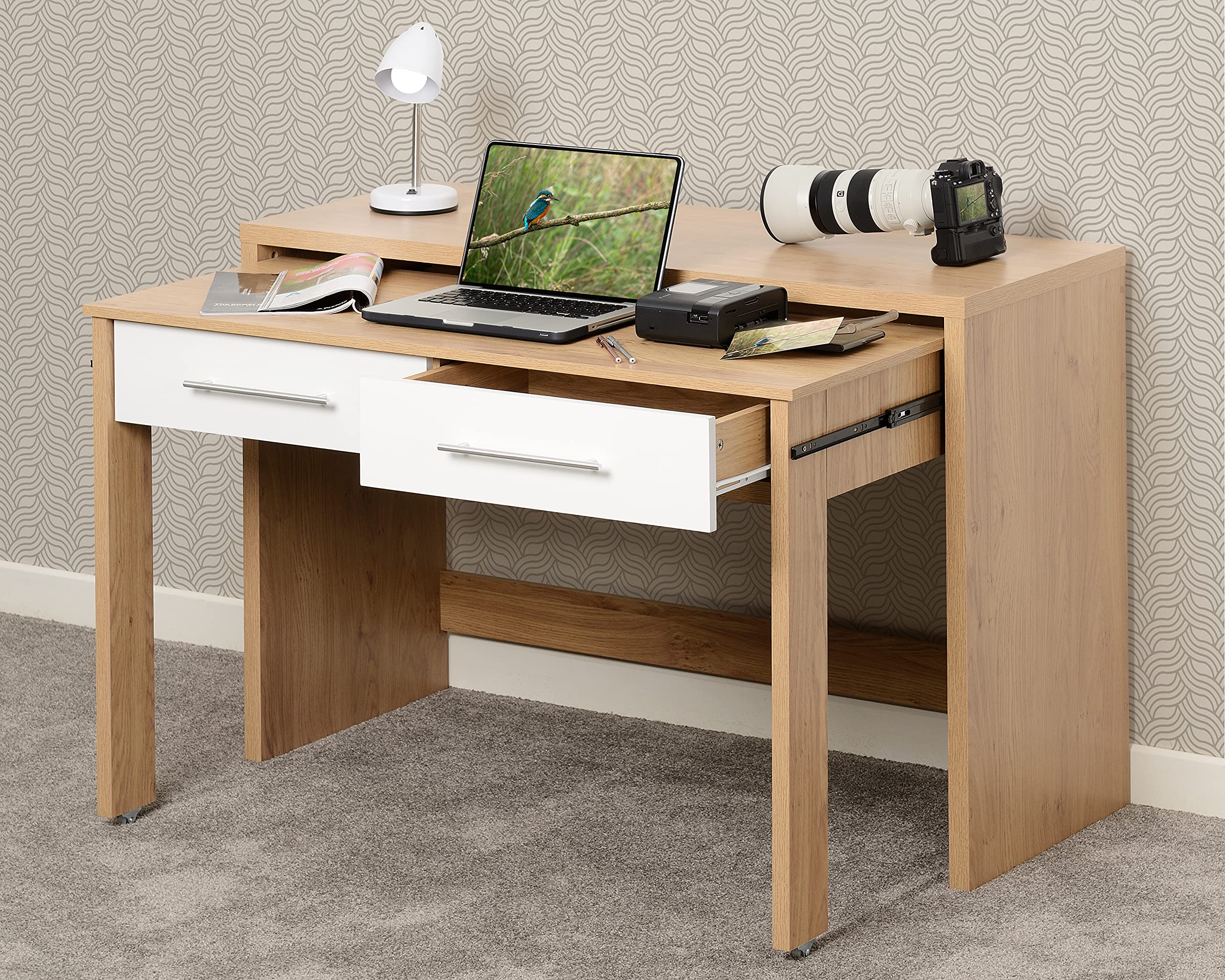 Seconique Seville 2 Drawer Slider Desk in White Gloss/Light Oak