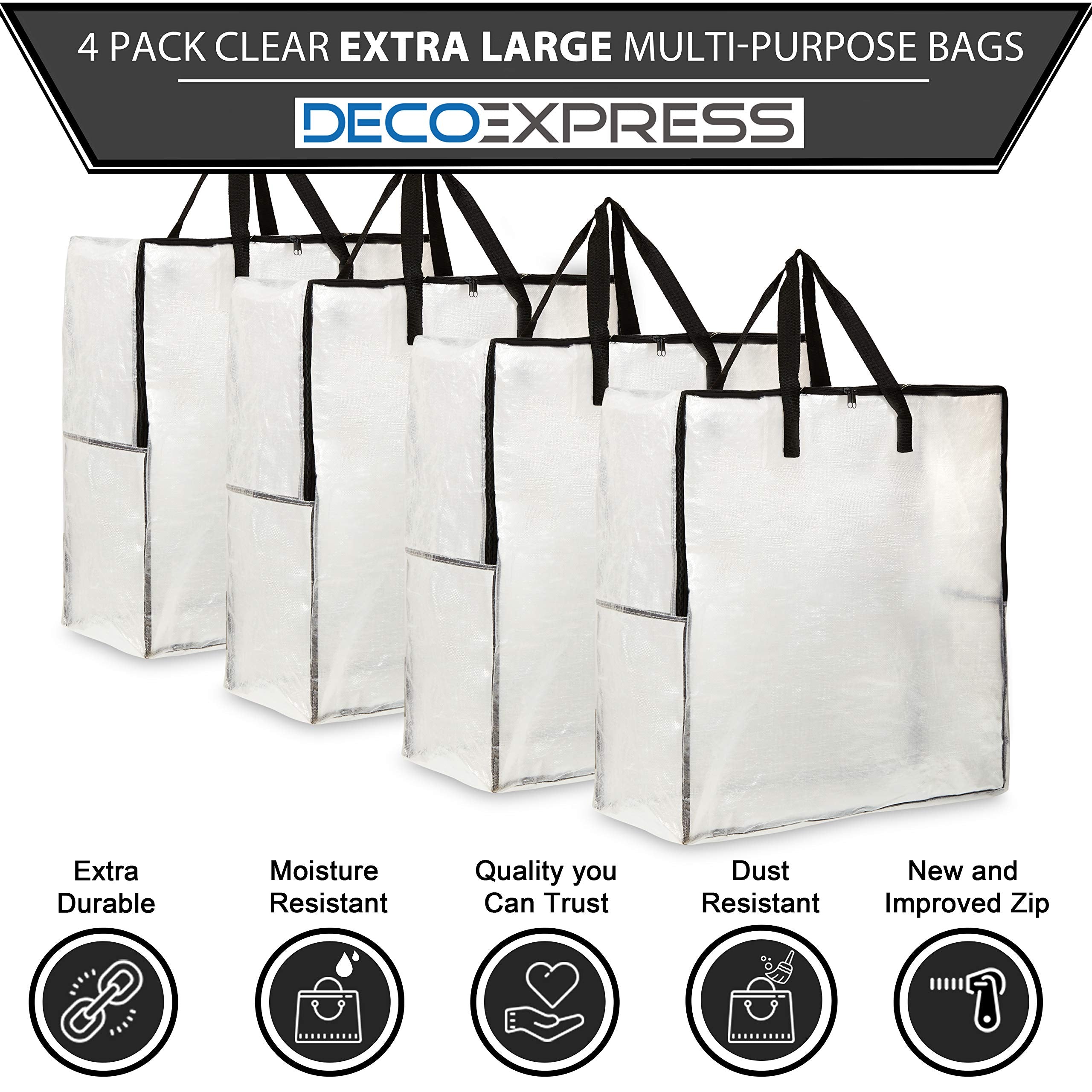 DECO EXPRESS Laundry Bags XL, Pack of 4 Heavy Duty Jumbo Garage, Attic or Underbed Storage Solutions for Clothes, Bedding, Duvet