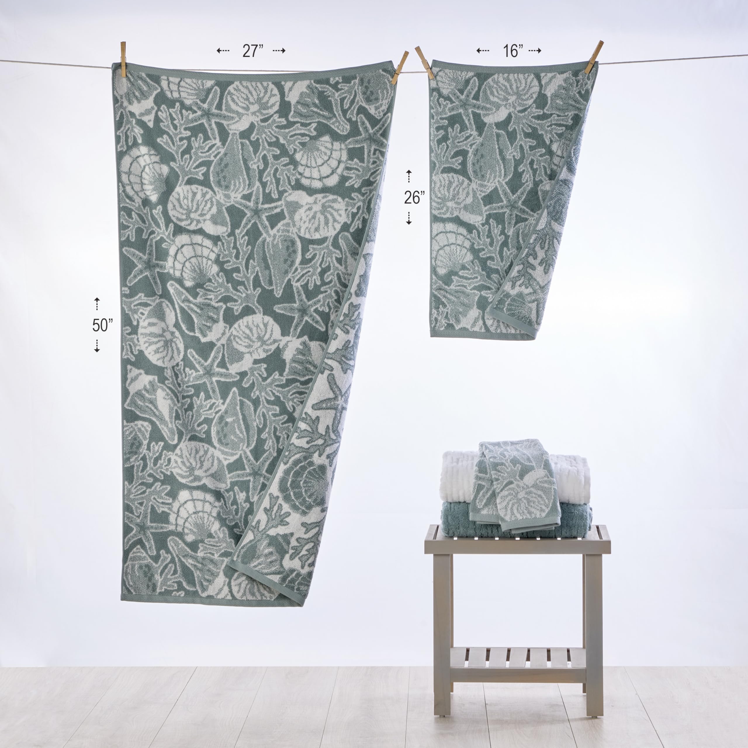 SKL Home South Seas Shell 100% Cotton Premium Bath Towel, 550 GSM, Reversible Jacquard, Soft & Absorbent, Tropical/Coastal/Beach/Resort, Teal/White