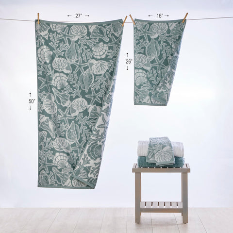 SKL Home South Seas Shell 100% Cotton Premium Bath Towel, 550 GSM, Reversible Jacquard, Soft & Absorbent, Tropical/Coastal/Beach/Resort, Teal/White