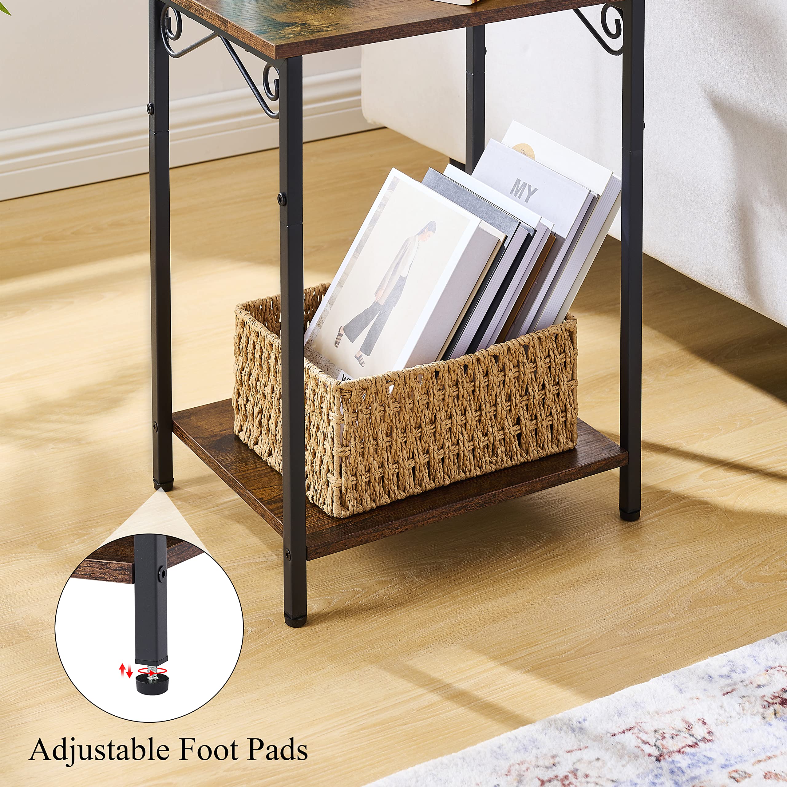 Hoctieon 2 Tier End Table, Small Night Table, Narrow Side Table with Storage, Nightstand for Small Spaces, Living Room, Bedroom, Sofa Couch