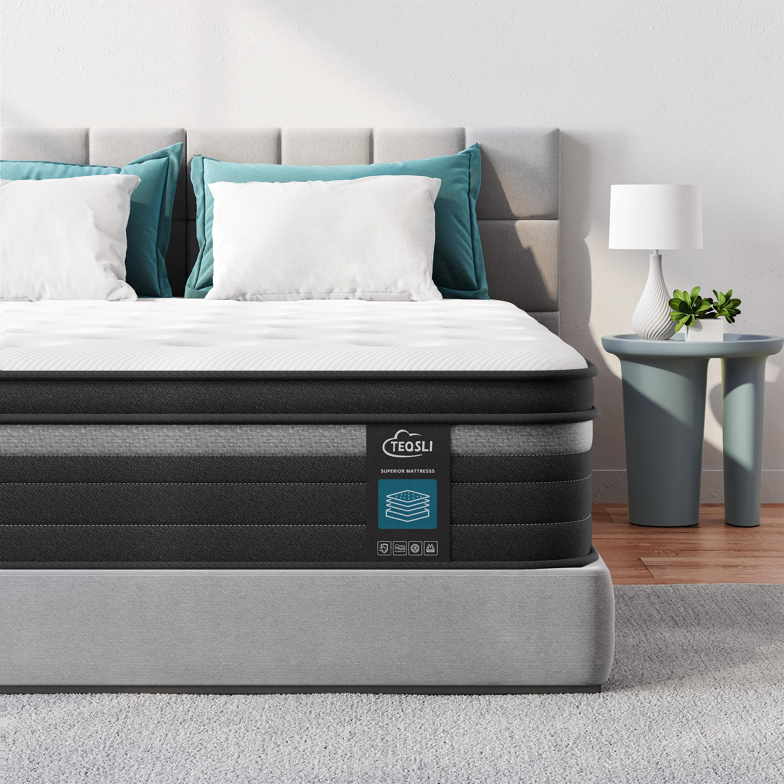 TeQsli Individually Pocket Sprung King Mattress 5FT with Soft Fabric, 9 Inch Hybrid Mattress King for Pressure & Back Pain Relief