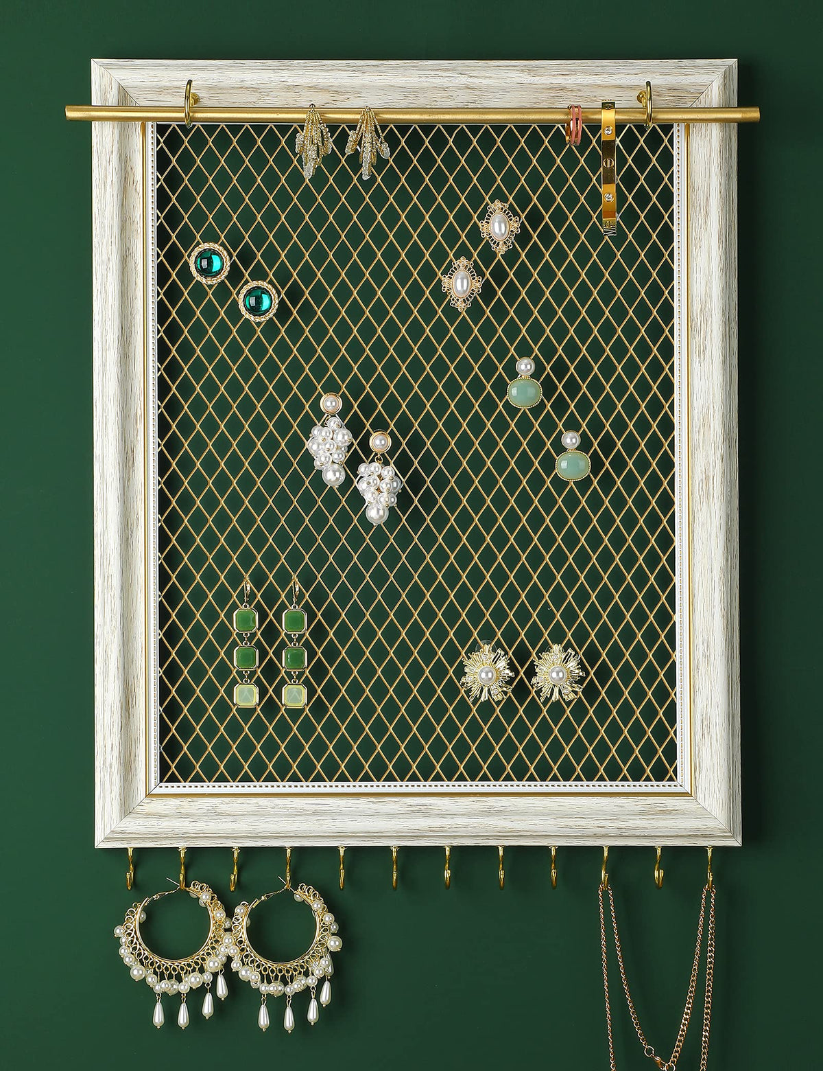 Heesch Hanging Earring Organizer Frame Wall Mounted Jewelry Holder Vintage Rustic Stud Earring Display with Removable Rod and 12 Hooks for Necklaces