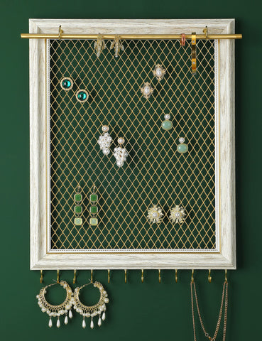 Heesch Hanging Earring Organizer Frame Wall Mounted Jewelry Holder Vintage Rustic Stud Earring Display with Removable Rod and 12 Hooks for Necklaces