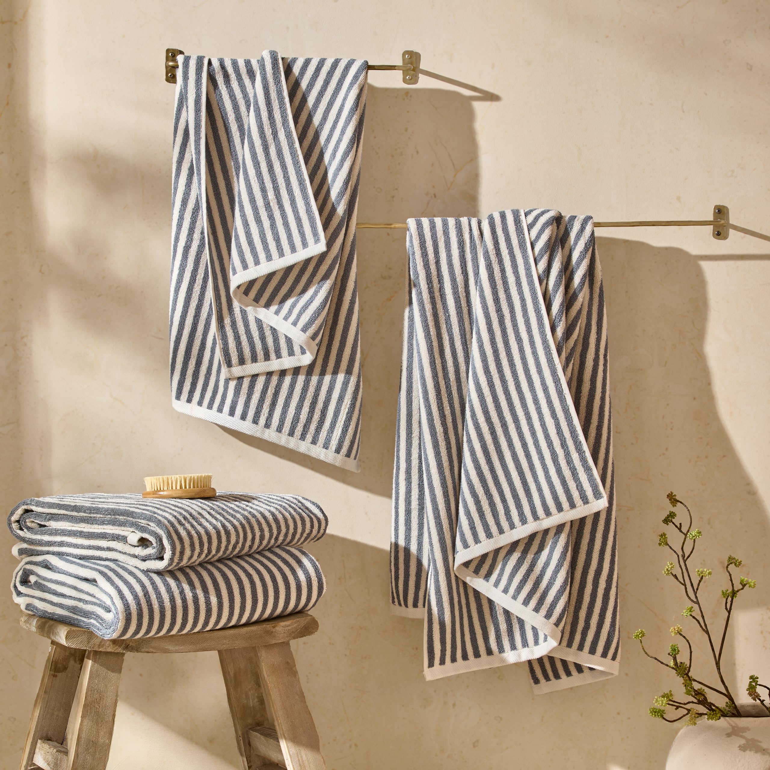 Yard Hebden Striped Cotton Terry Bath Sheet (Mineral Blue, 100 x 150 cm)