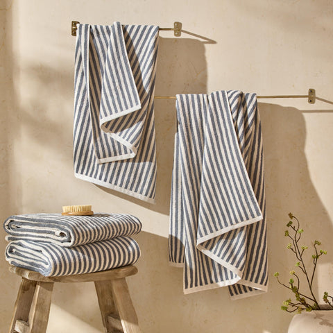 Yard Hebden Striped Cotton Terry Bath Sheet (Mineral Blue, 100 x 150 cm)