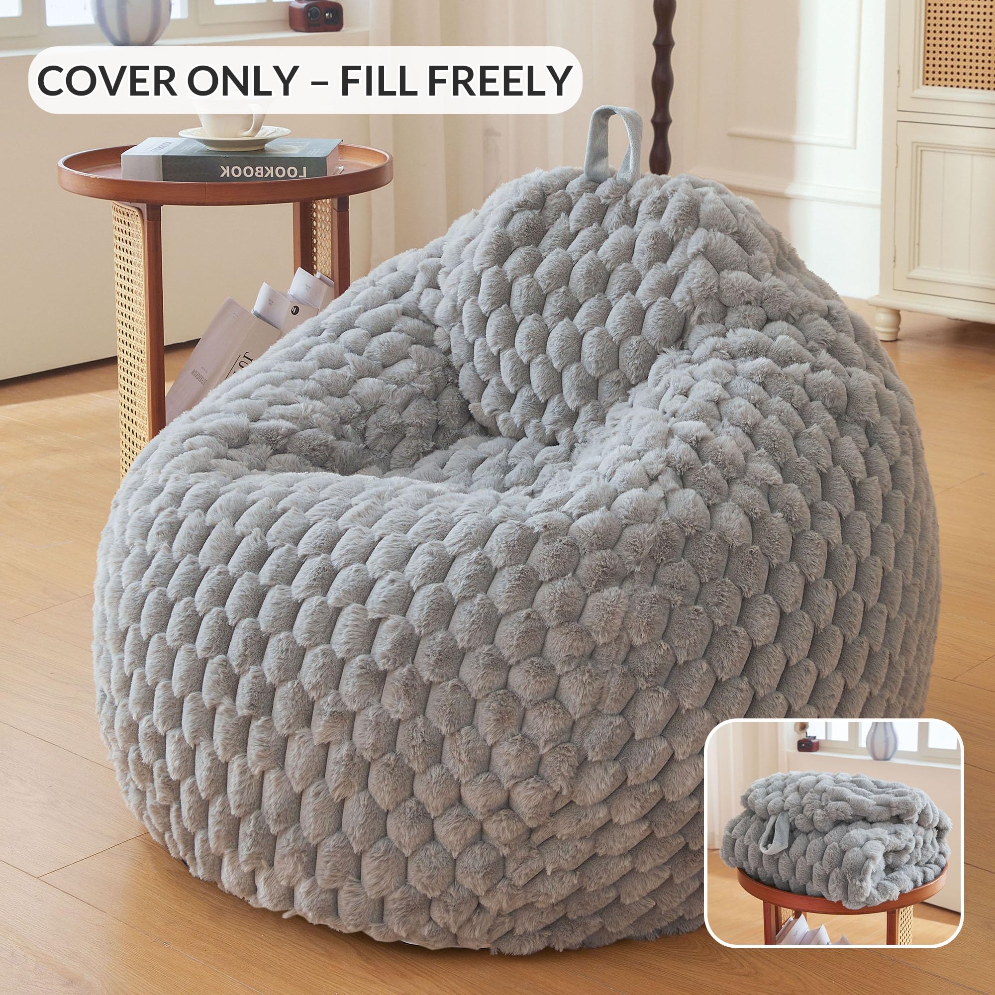XeGe 3D Bubble Fluffy Faux Rabbit Fur Bean Bag Cover(No Filler), Light Grey