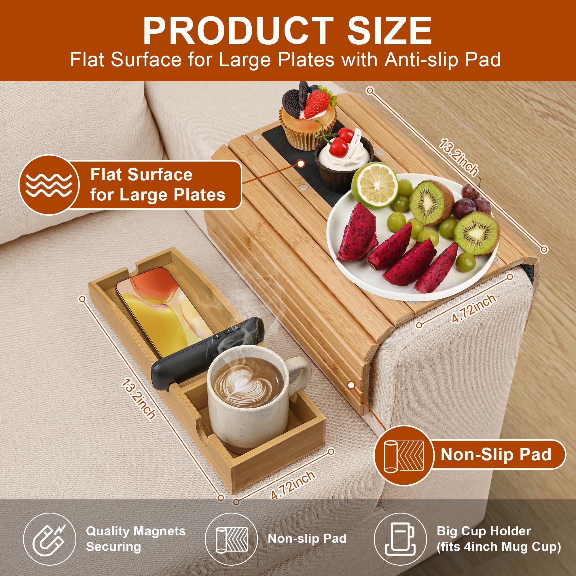 Joy&Grace Couch Cup Holder, 3-in-1 Magnetic Detachable Couch Arm Tray, Bamboo Sofa Armrest Table with Anti-Slip Pad, Sofa Armrest Tray Table (Natural)