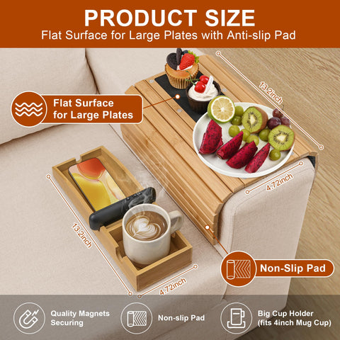 Joy&Grace Couch Cup Holder, 3-in-1 Magnetic Detachable Couch Arm Tray, Bamboo Sofa Armrest Table with Anti-Slip Pad, Sofa Armrest Tray Table (Natural)