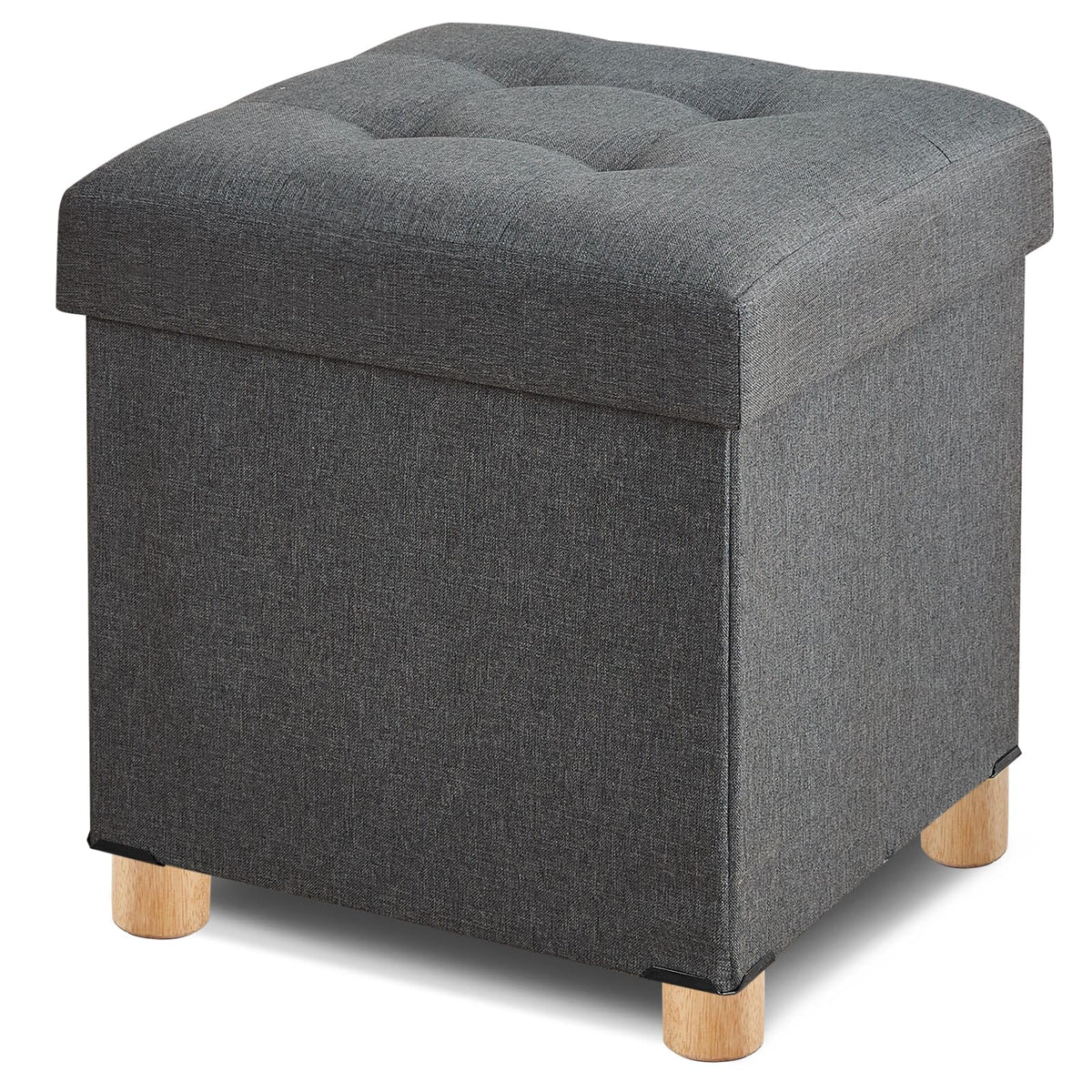 BRIAN & DANY Folding Ottoman Storage Box with Wood Legs, Linen Foot Stool, Footstool with Storage, Highly Elastic Sponge Filling, Gray